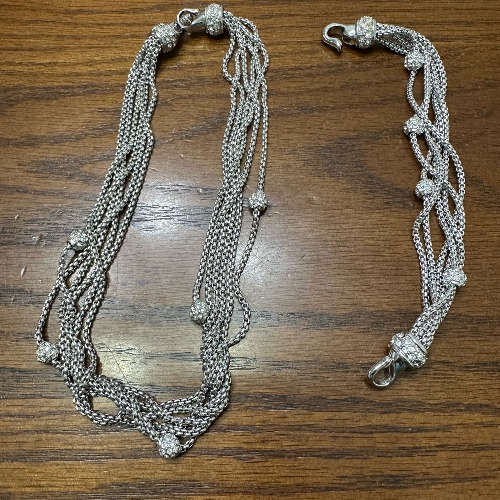 Silver Multi-Chain Necklace and Bracelet with Textured Design